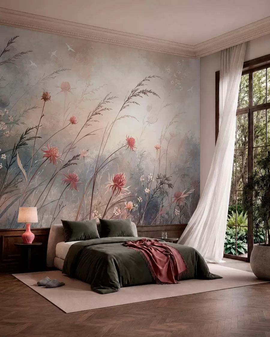 Wall Mural Photo Wallpaper Delicate wildflowers in a misty pastel scene w05538