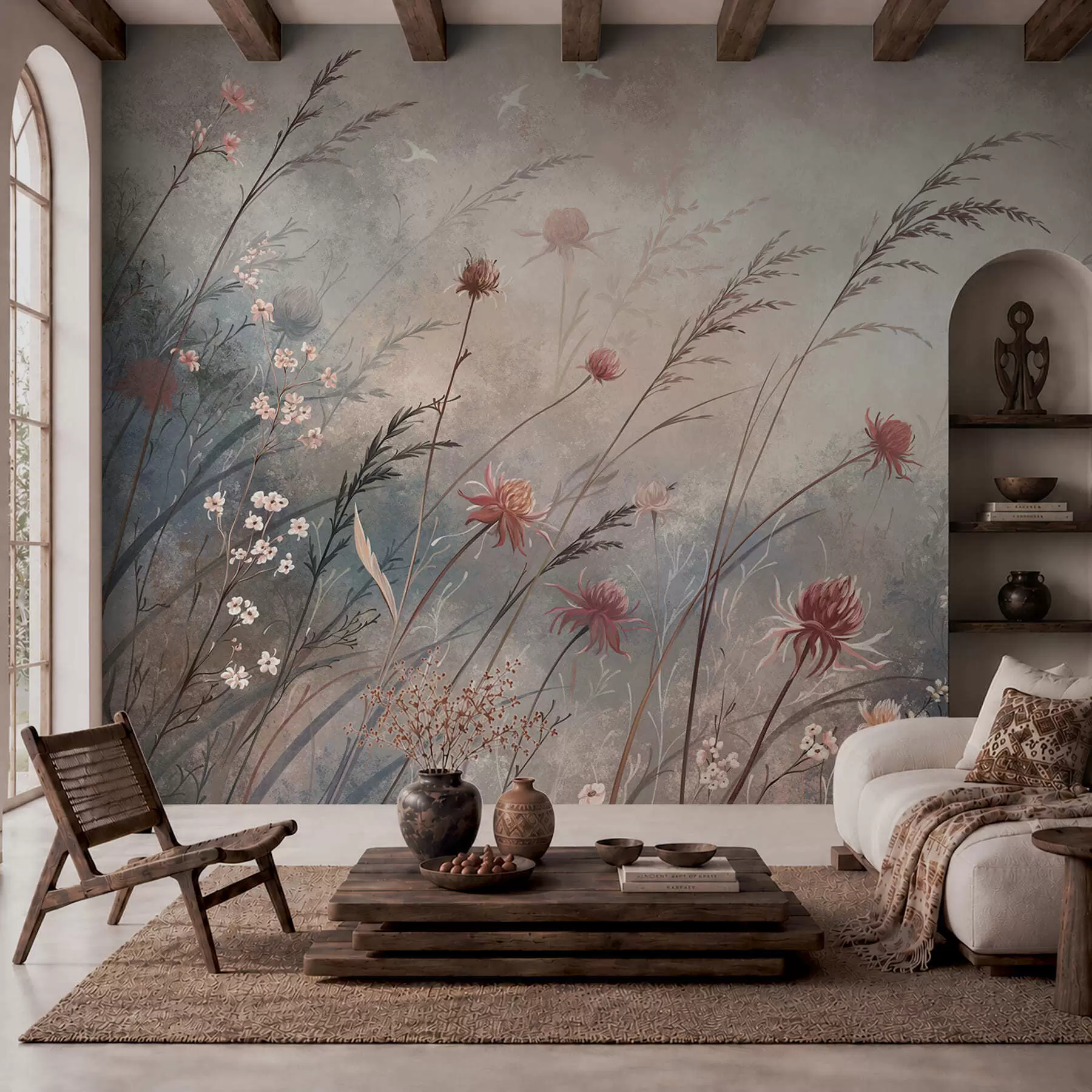 murales Delicadas flores silvestres en un paisaje brumoso en tonos pastel w05538