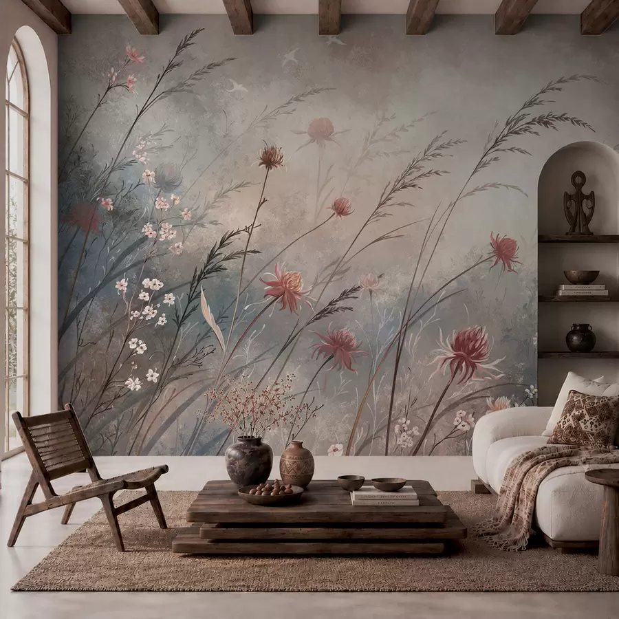 peintures murales De délicates fleurs sauvages dans un décor brumeux aux tons pastel w05538