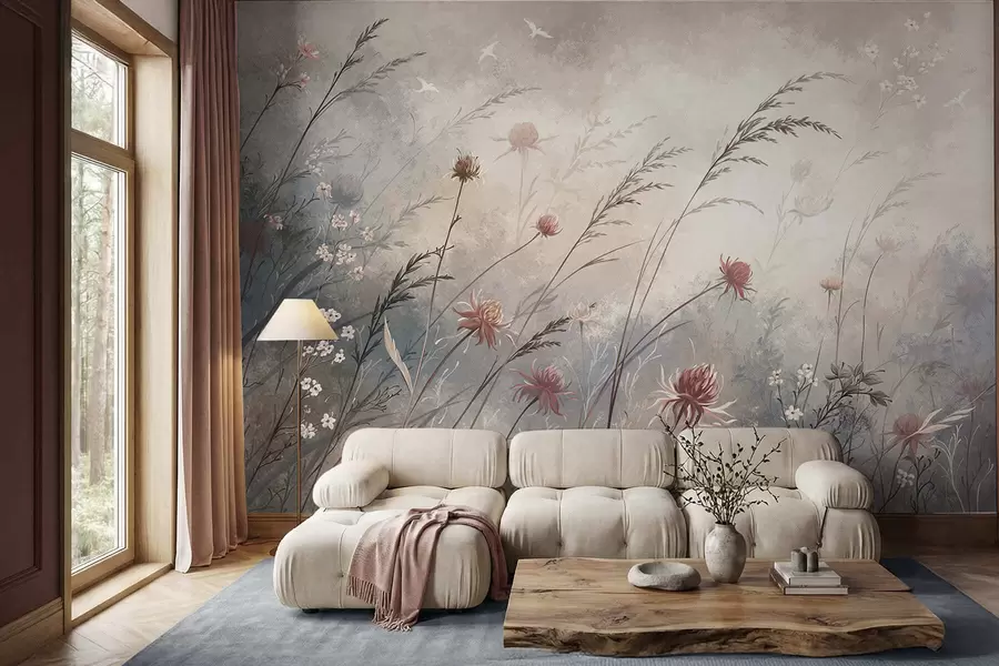 Wall Mural Photo Wallpaper Delicate wildflowers in a misty pastel scene w05538