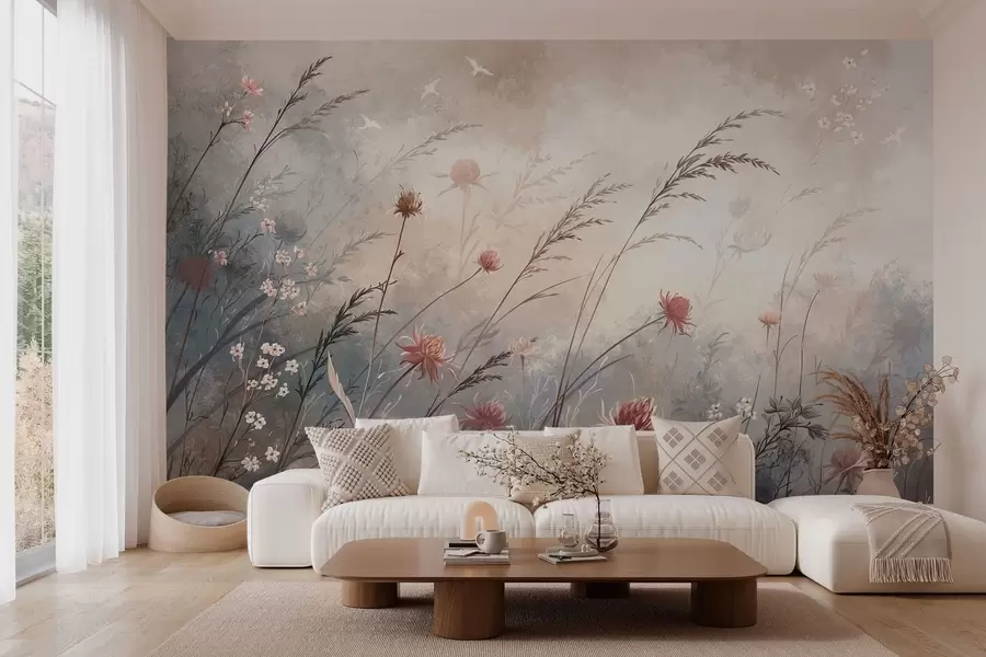Wall Mural Photo Wallpaper Delicate wildflowers in a misty pastel scene w05538