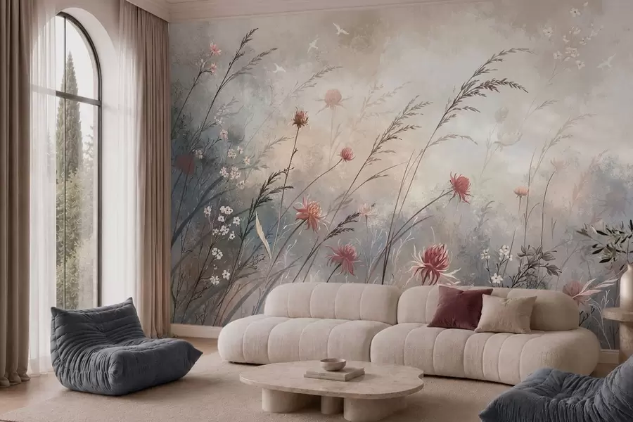 Wall Mural Photo Wallpaper Delicate wildflowers in a misty pastel scene w05538