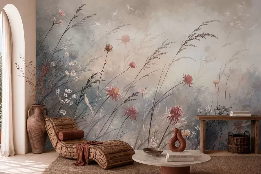 peintures murales De délicates fleurs sauvages dans un décor brumeux aux tons pastel w05538
