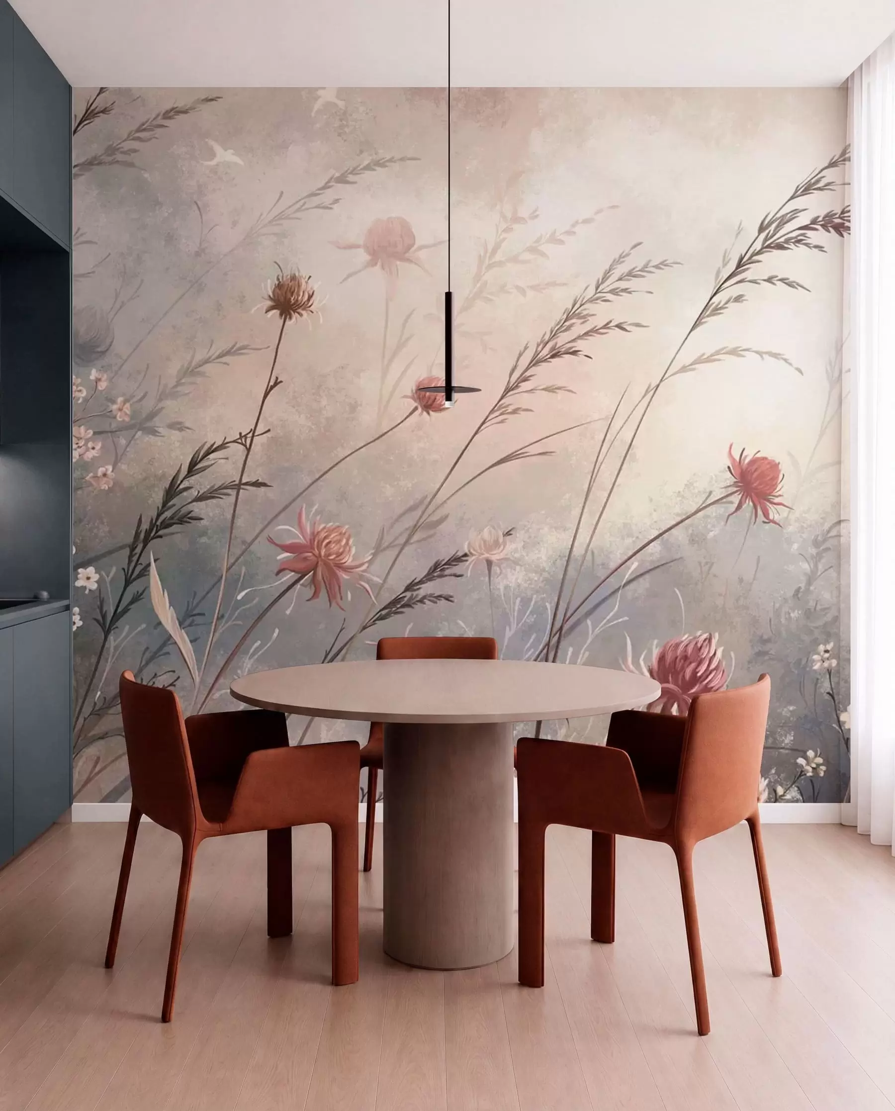 murales Delicadas flores silvestres en un paisaje brumoso en tonos pastel w05538