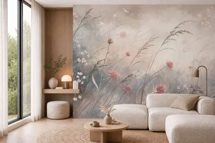 peintures murales Des fleurs sauvages aux couleurs pastel sur un fond flou et délicat w05538v1