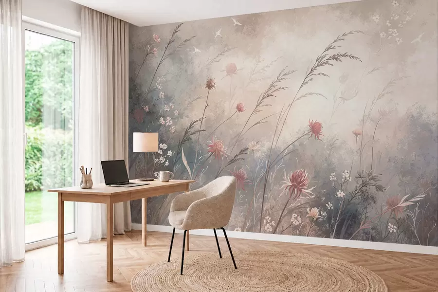 peintures murales Des fleurs sauvages aux couleurs pastel sur un fond flou et délicat w05538v1