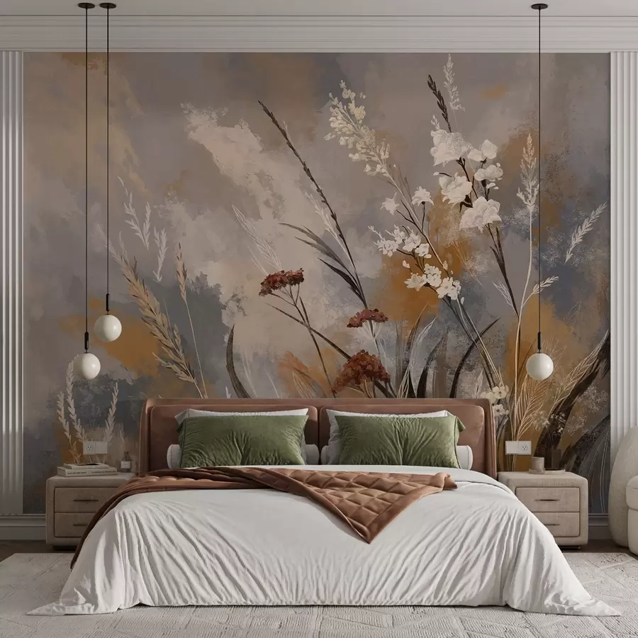 peintures murales Plantes de prairie stylisées dans des tons naturels chauds w05539