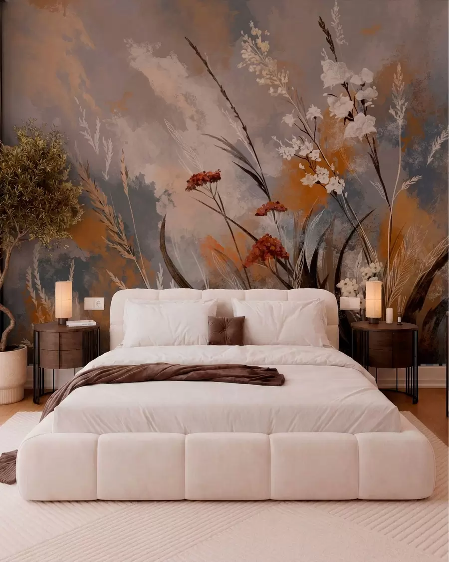 wall murals Abstract meadow plants in warm natural tones w05539