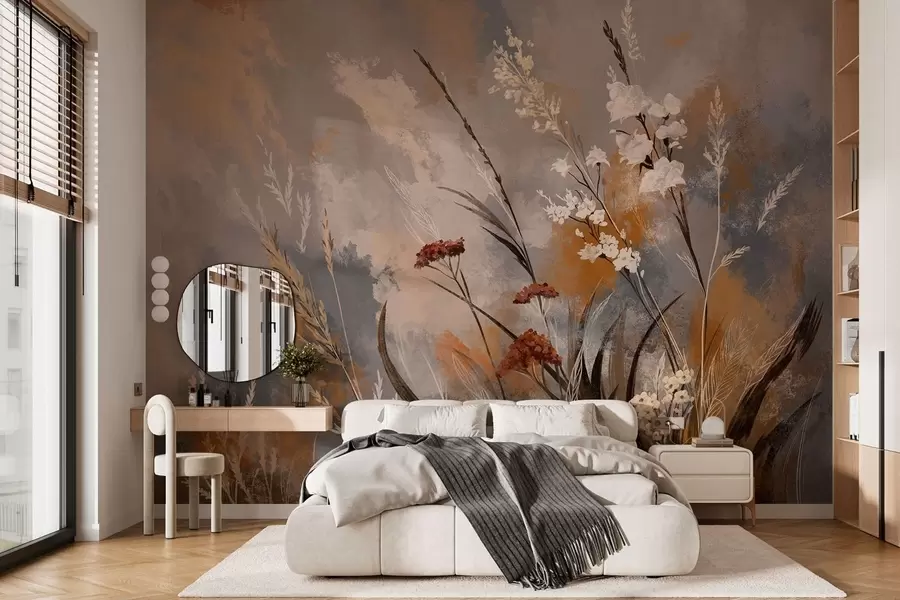 peintures murales Plantes de prairie stylisées dans des tons naturels chauds w05539