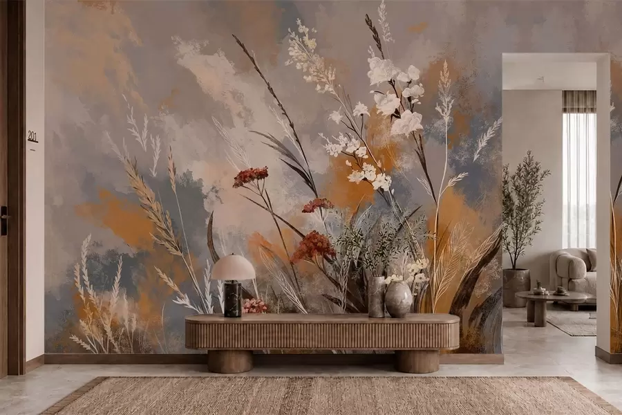 peintures murales Plantes de prairie stylisées dans des tons naturels chauds w05539