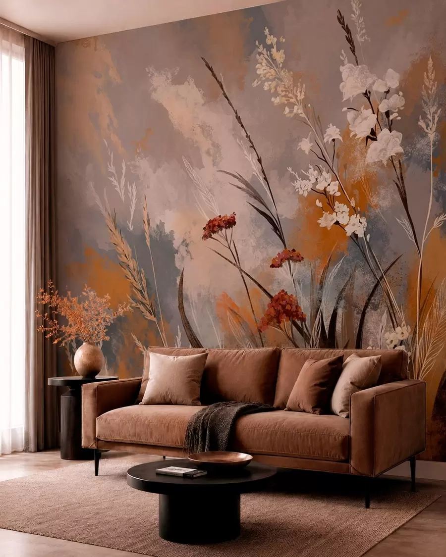 wall murals Abstract meadow plants in warm natural tones w05539