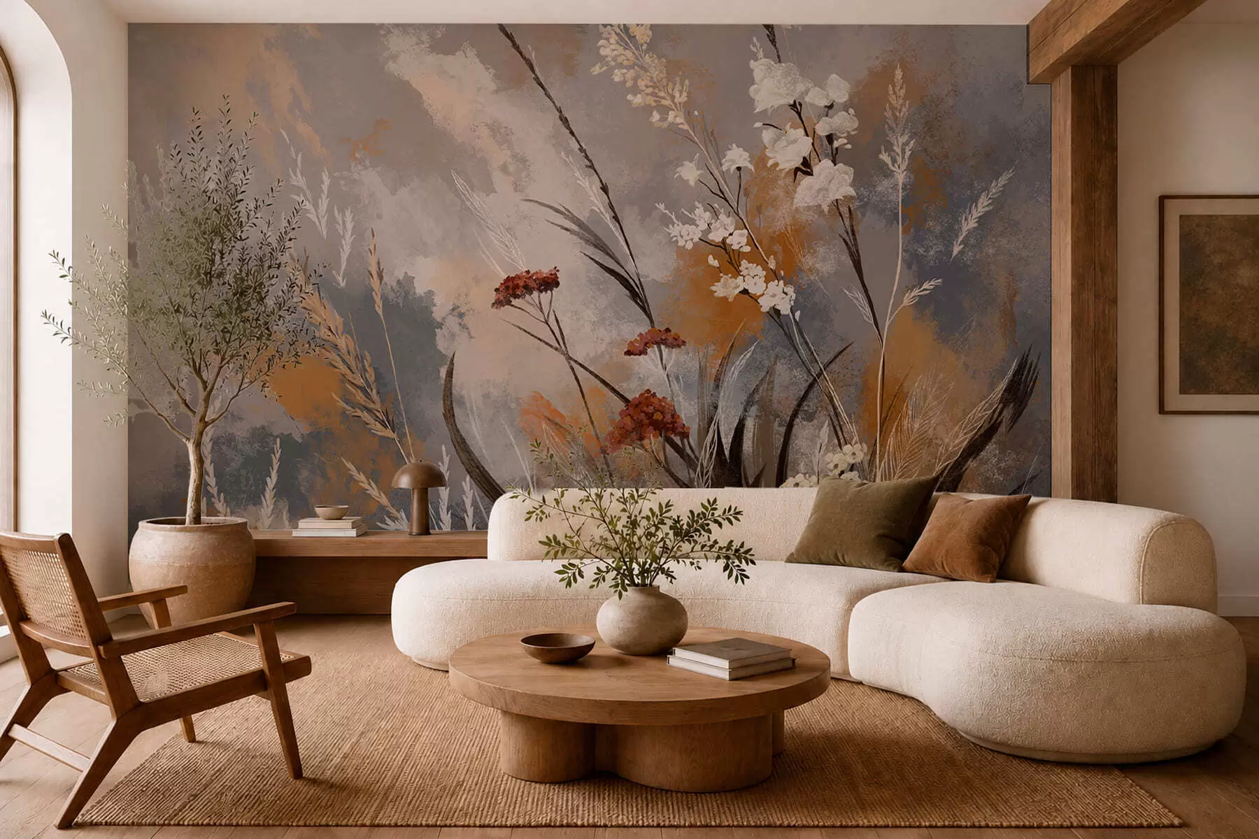 peintures murales Plantes de prairie stylisées dans des tons naturels chauds w05539