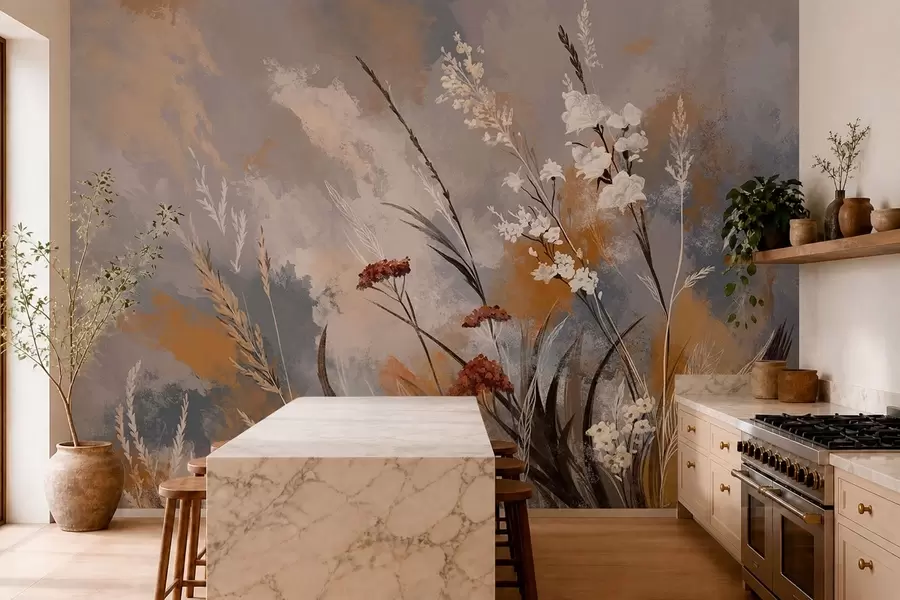 peintures murales Plantes de prairie stylisées dans des tons naturels chauds w05539