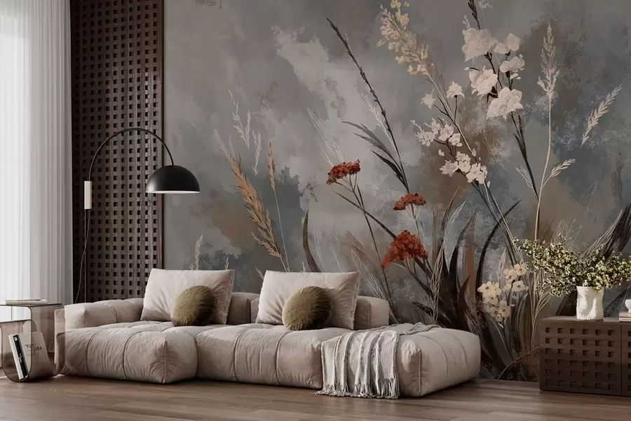 murales Hierbas y flores de pradera sobre un fondo artístico gris w05539v1