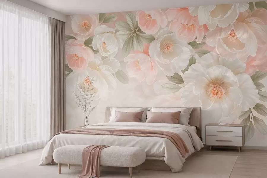 peintures murales De grandes fleurs délicates dans des tons roses et crème w05540