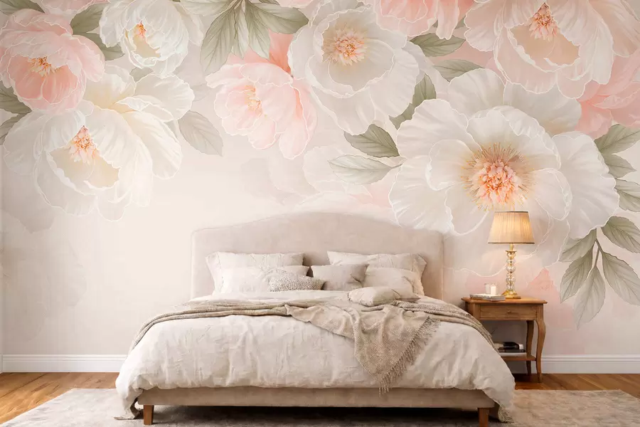 peintures murales De grandes fleurs délicates dans des tons roses et crème w05540