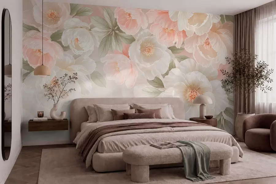 peintures murales De grandes fleurs délicates dans des tons roses et crème w05540