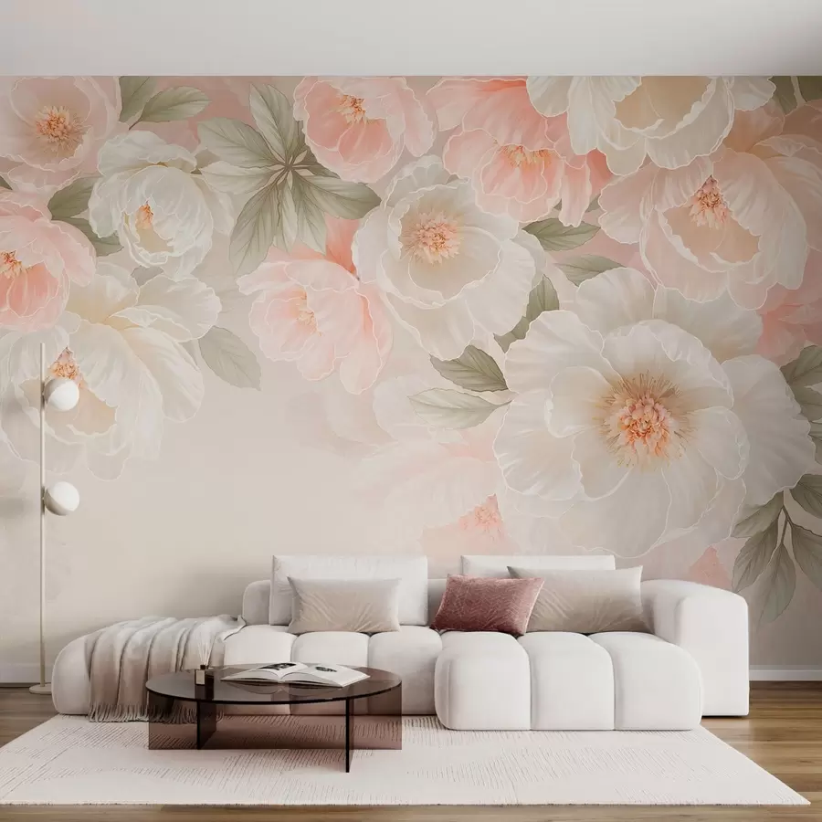 peintures murales De grandes fleurs délicates dans des tons roses et crème w05540