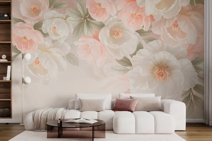 peintures murales De grandes fleurs délicates dans des tons roses et crème w05540