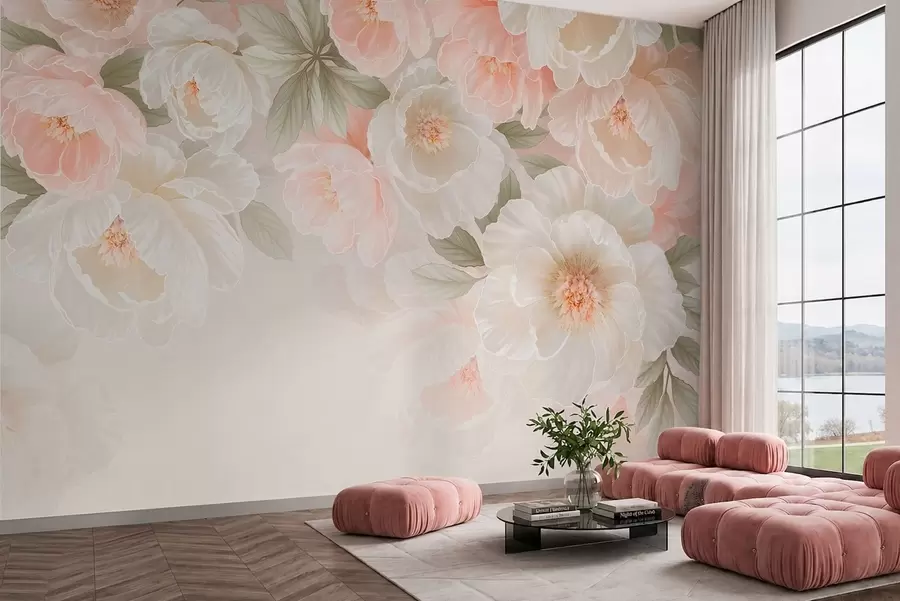 peintures murales De grandes fleurs délicates dans des tons roses et crème w05540