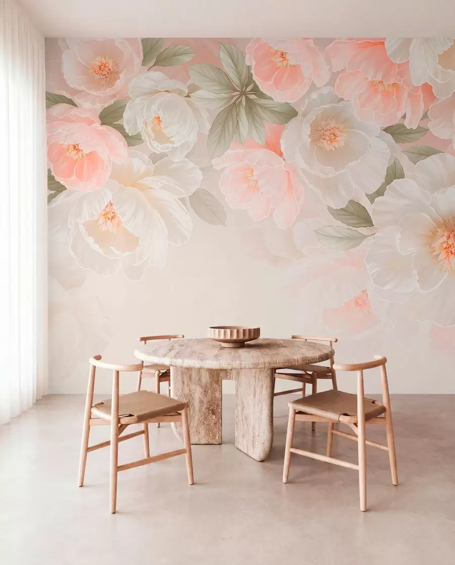 wall murals Large delicate flowers in pink and cream tones w05540