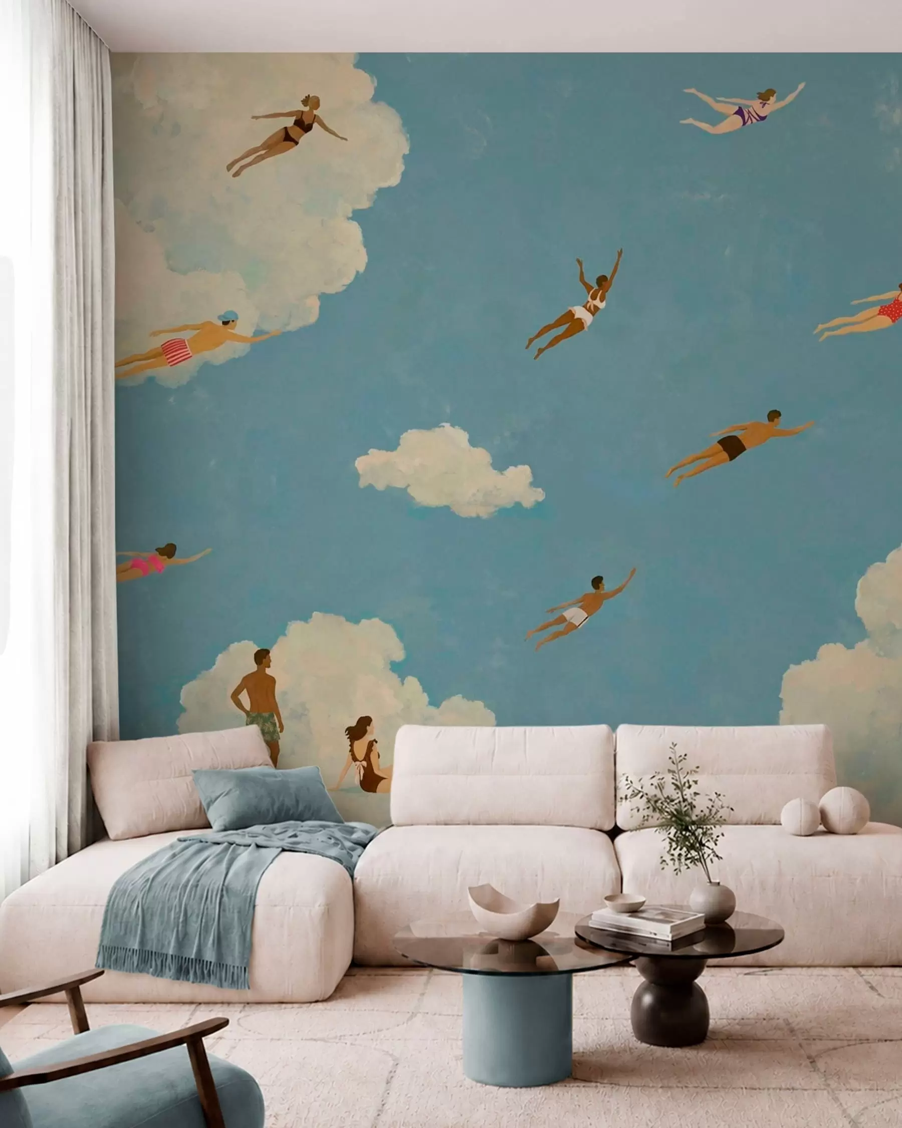 murales Personas flotando entre las nubes en un cielo azul w05628