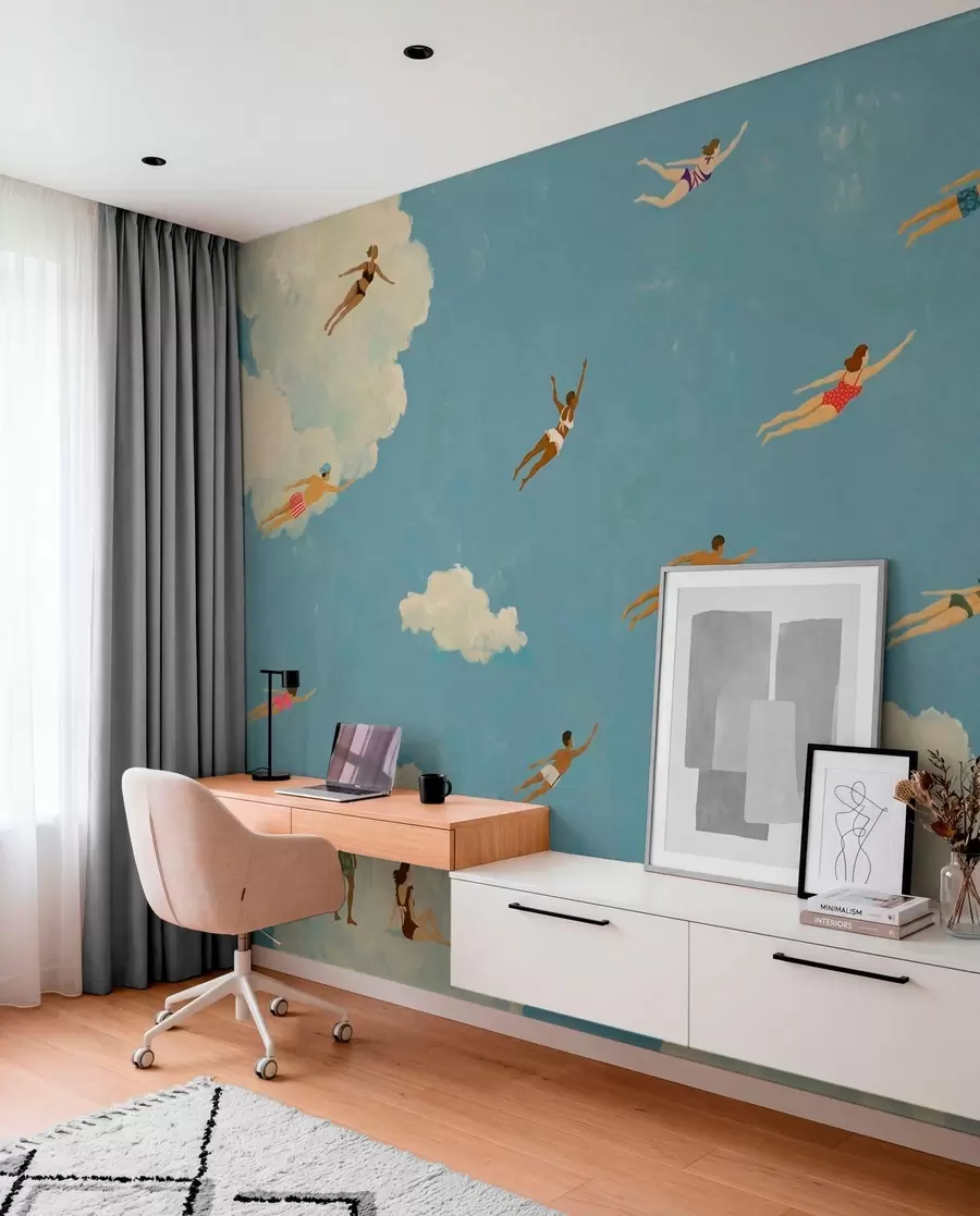 wall murals People floating among clouds in a blue sky w05628