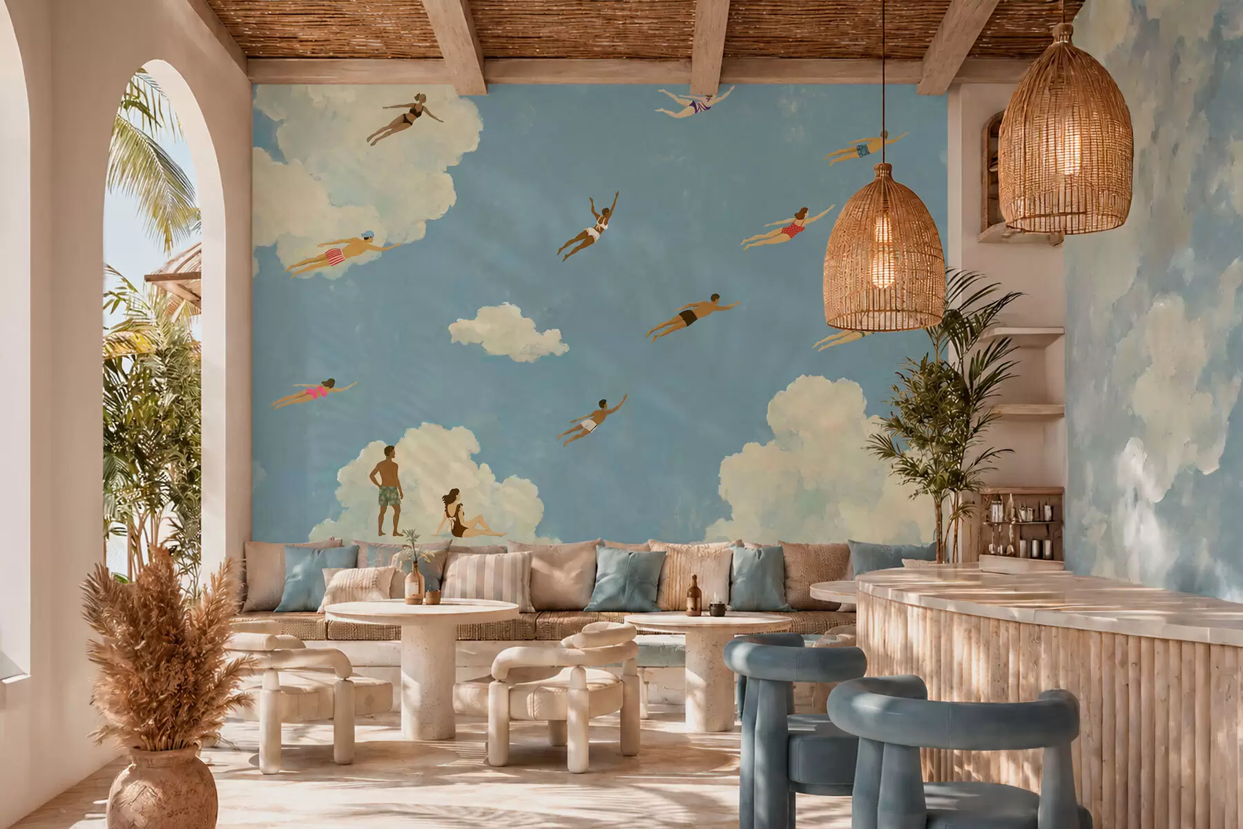 peintures murales Des gens flottant parmi les nuages dans un ciel bleu w05628