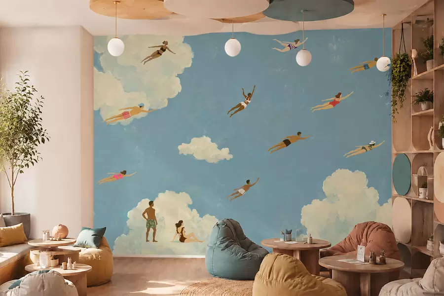 peintures murales Des gens flottant parmi les nuages dans un ciel bleu w05628