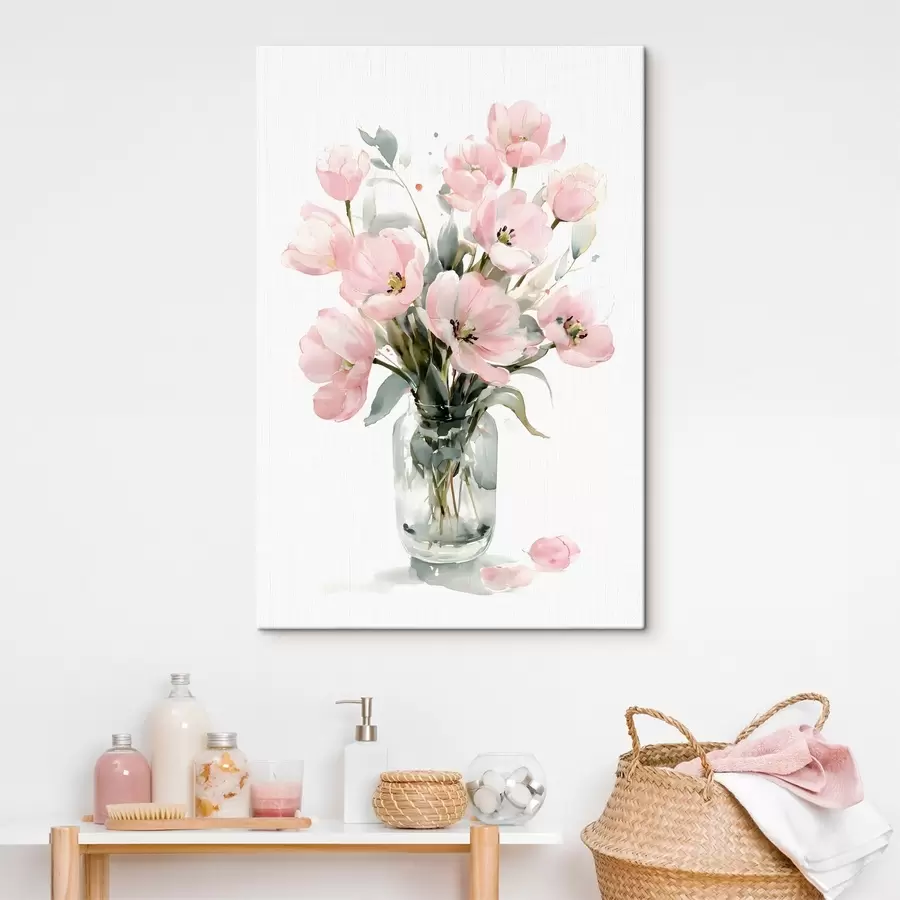 wall murals Delicate pink tulips in a vase, in a watercolor style s49226
