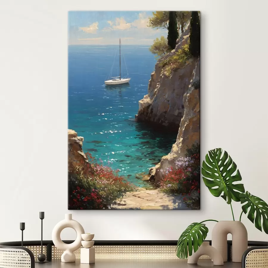 wall murals A sea harbor with a yacht in the style of oil painting s49240