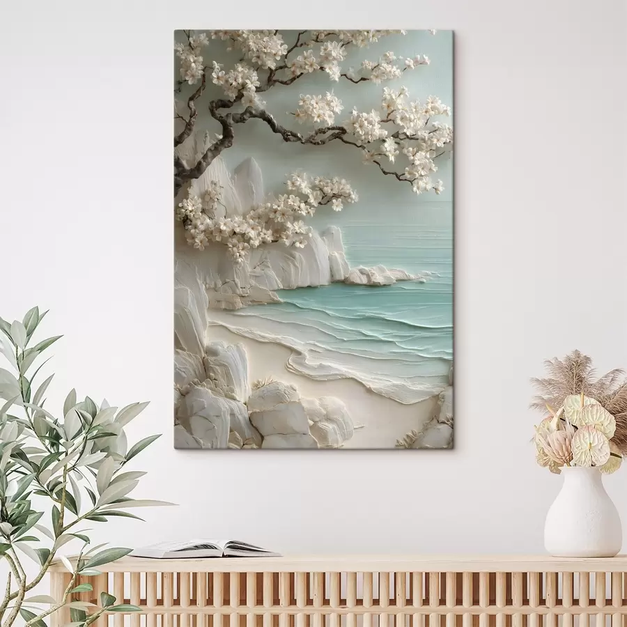 wall murals A flowering tree by the sea, rendered in bas-relief style s49248
