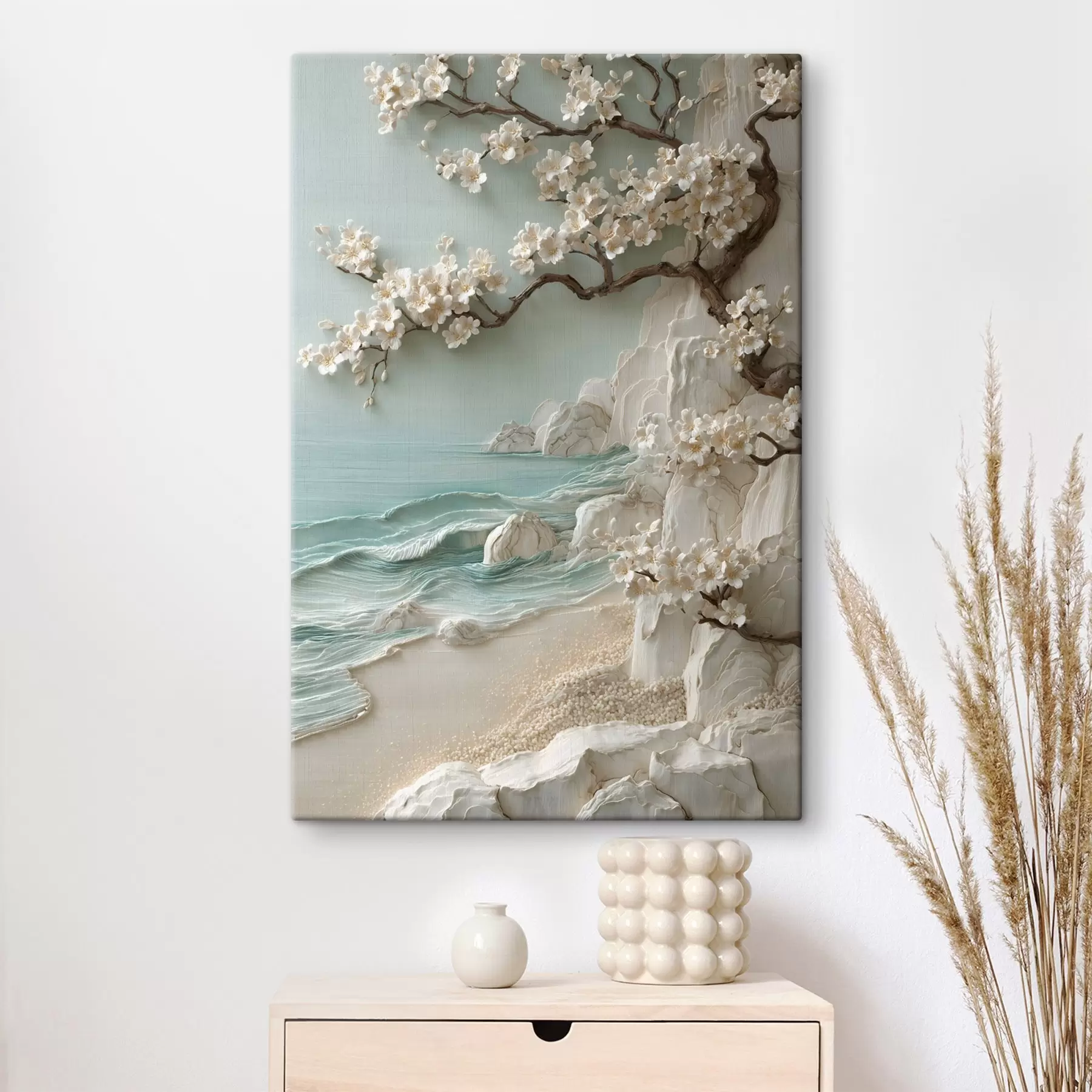wall murals A flowering tree by the sea, rendered in bas-relief style s49249