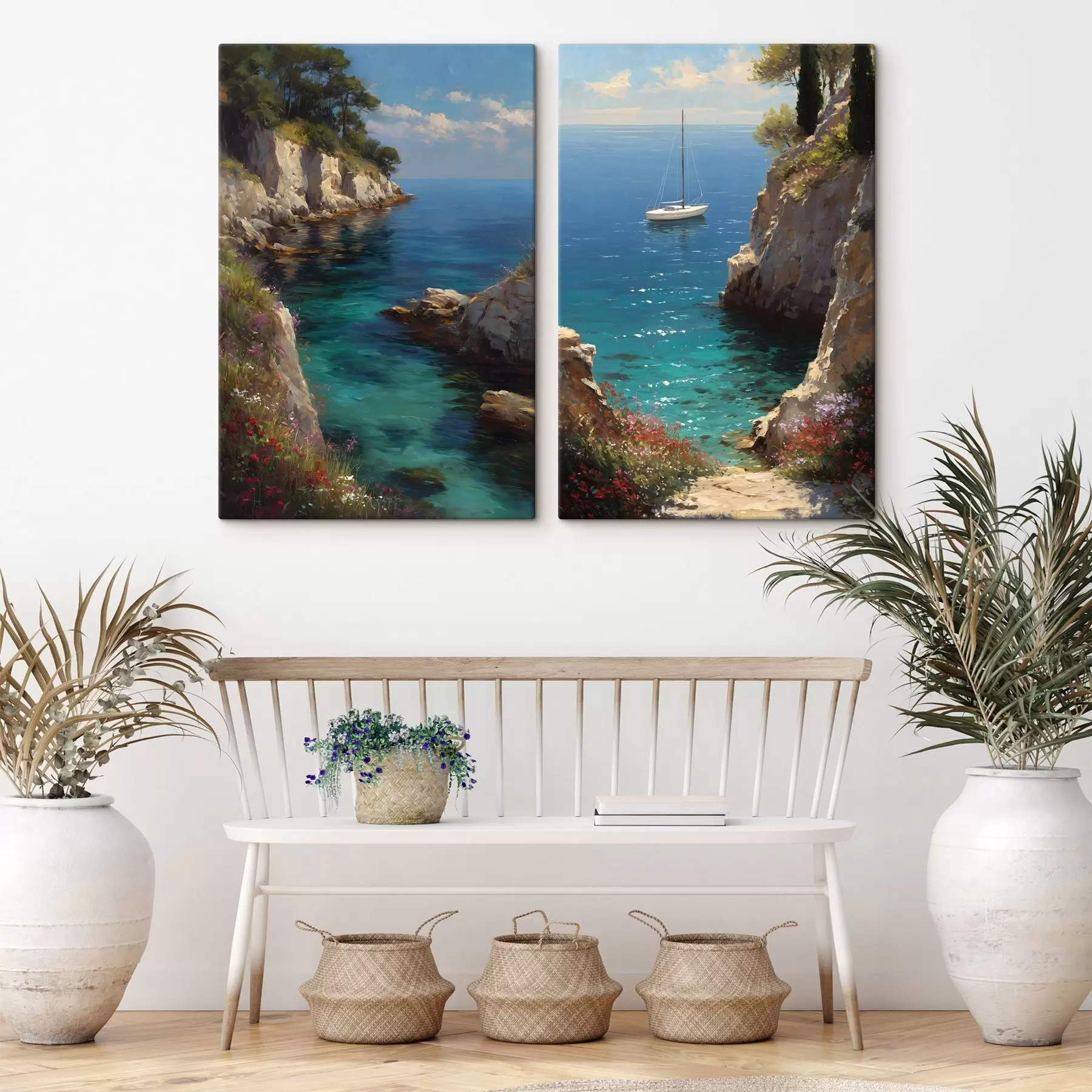 wall murals A sea harbor with a yacht in the style of oil painting m30538