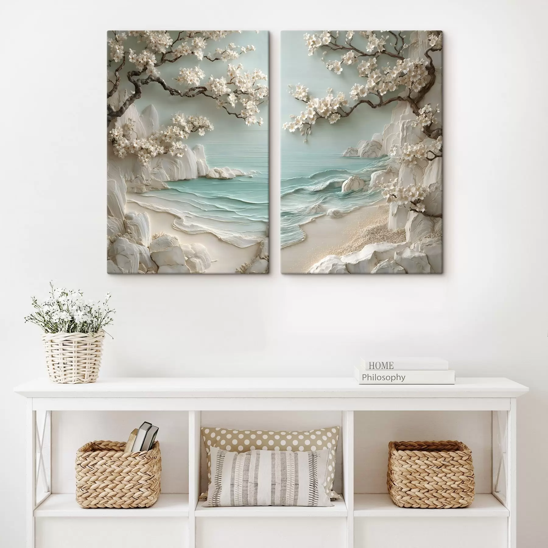 murales Árboles en flor junto al mar, en estilo de bajorrelieve m30542