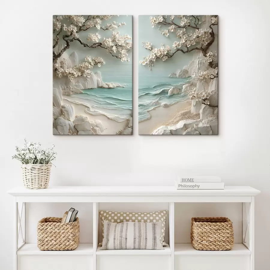 wall murals Flowering trees by the sea, in bas-relief style m30542