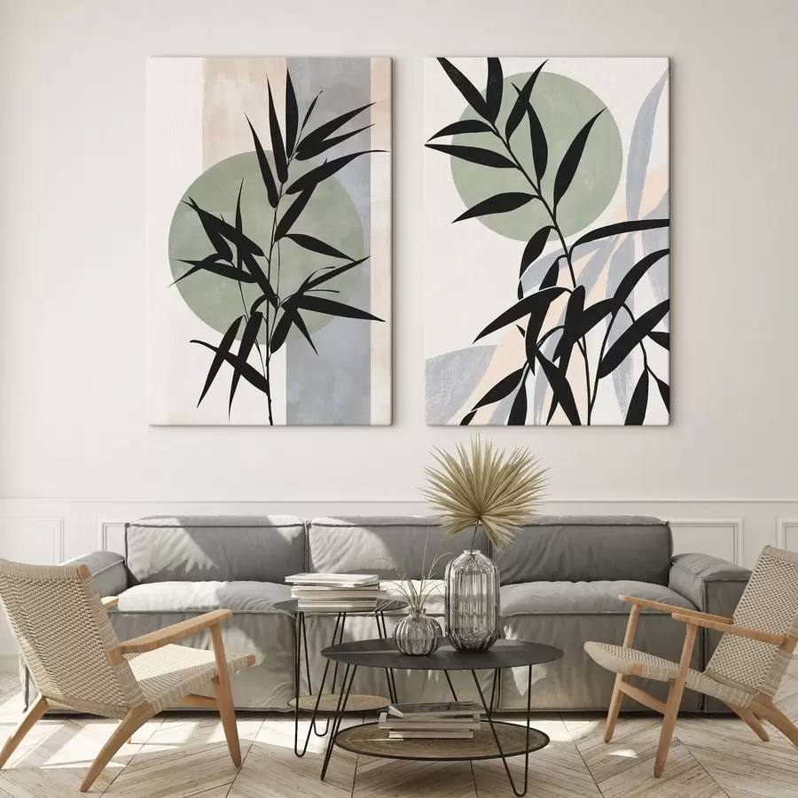 wall murals An abstraction with silhouettes of leaves and circles m30525