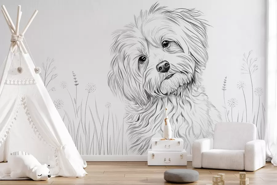 peintures murales Un joli dessin représentant un chien dans l'herbe w05656