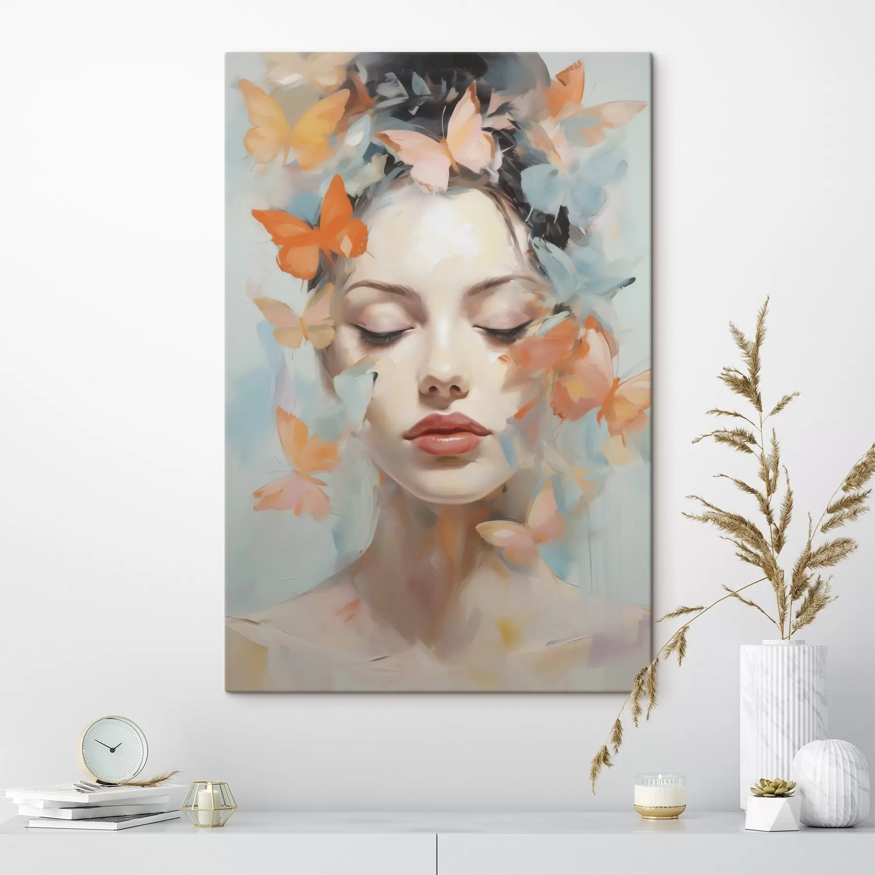 murales Retrato abstracto de una niña con mariposas, imitación de una pintura s49403