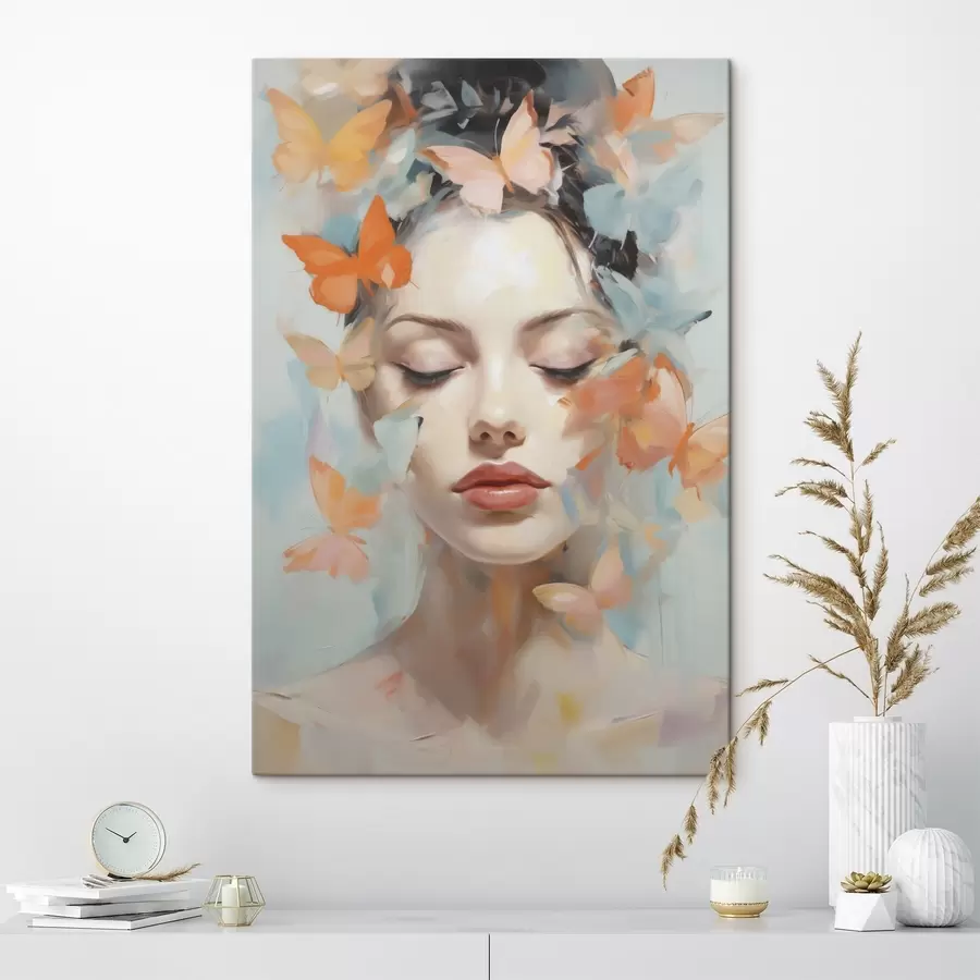 murales Retrato abstracto de una niña con mariposas, imitación de una pintura s49403