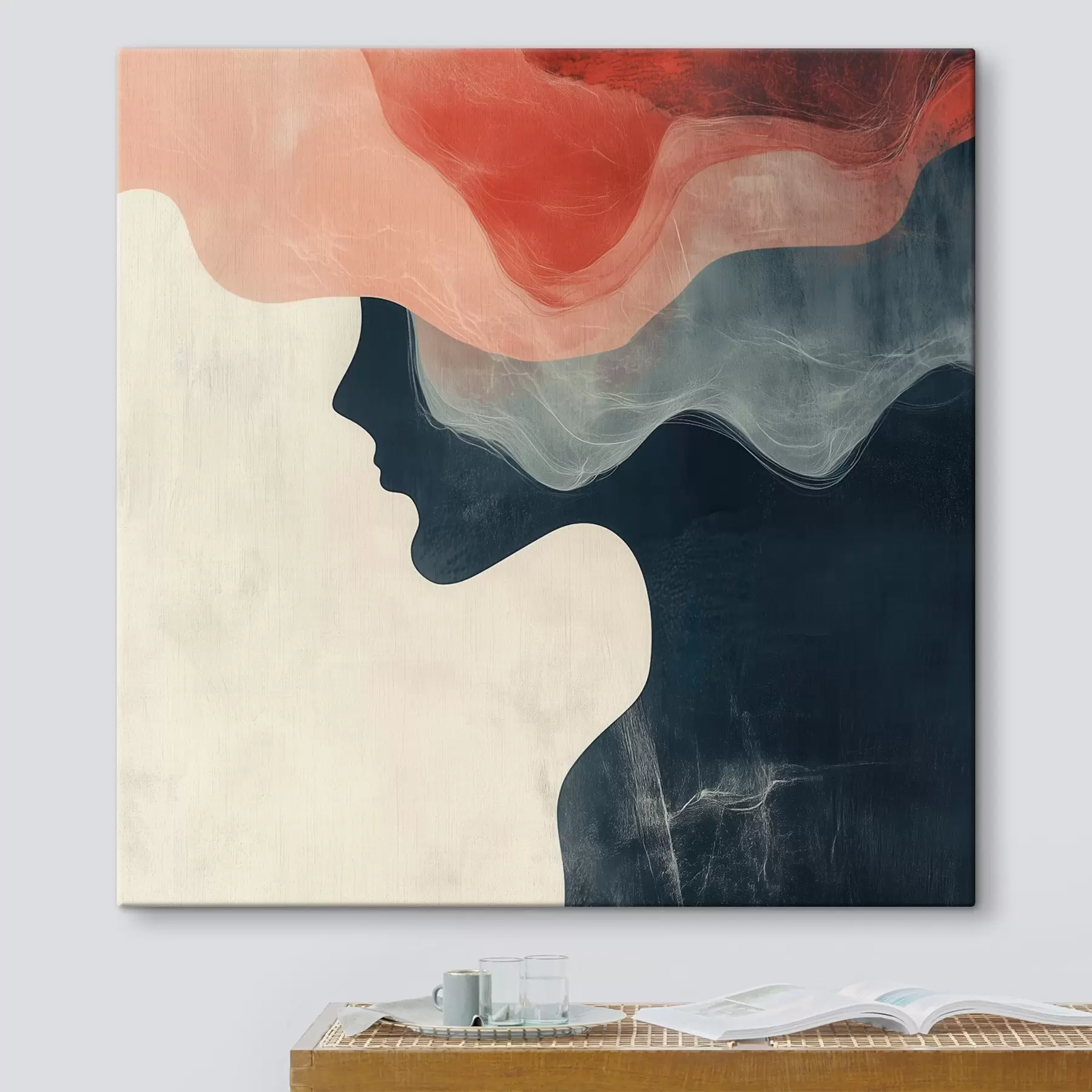 murales Silueta femenina abstracta con olas de color coral y azul en un estilo minimalista s48882