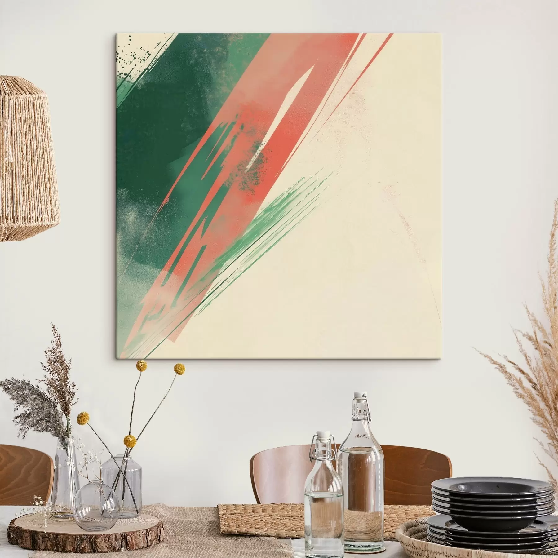 wall murals Abstract dynamic composition with expressive green and coral brushstrokes s48885