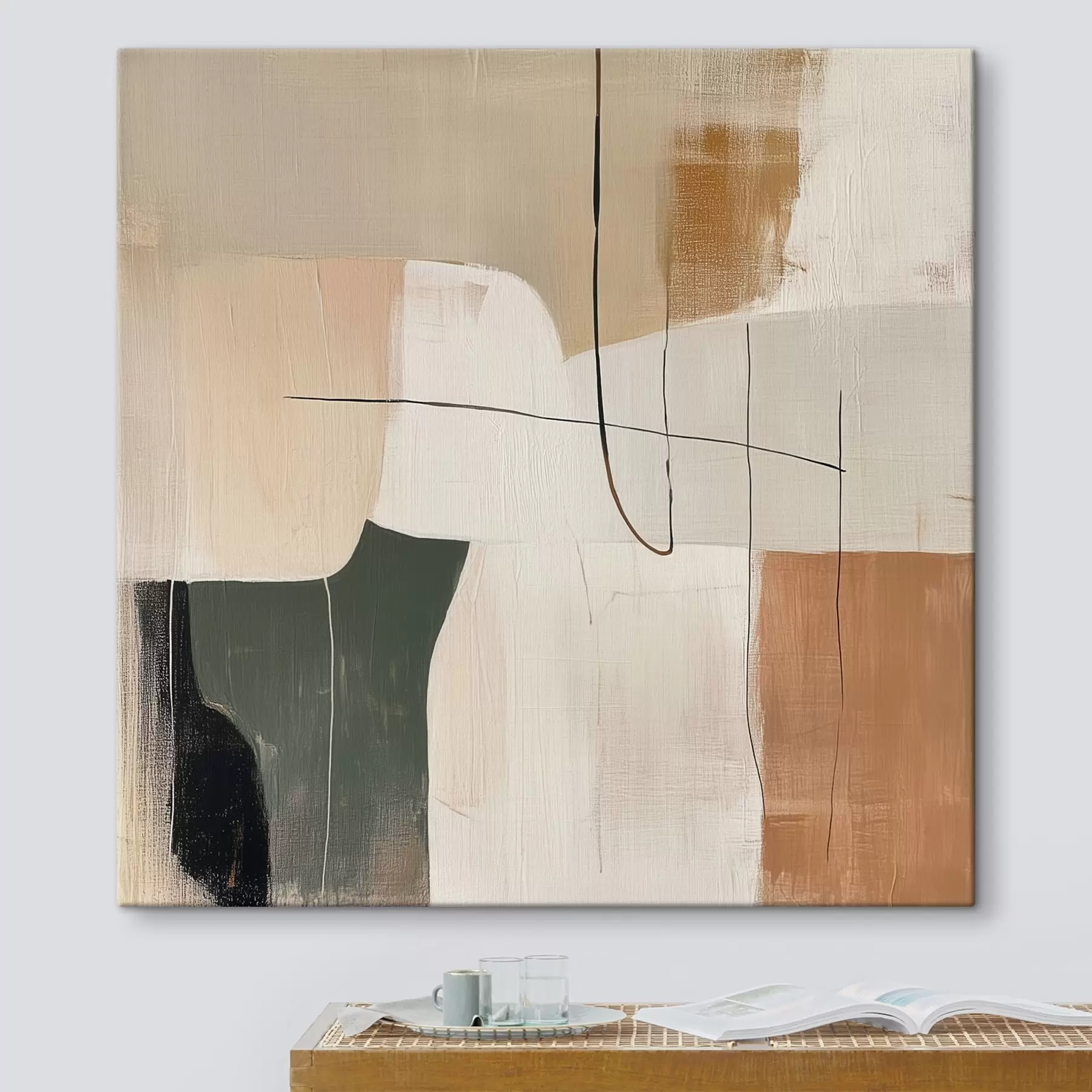 murales Cuadro abstracto de interiores en tonos pastel, ocre y oliva s48889