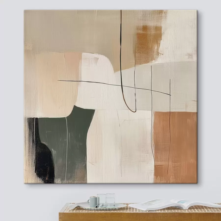 murales Cuadro abstracto de interiores en tonos pastel, ocre y oliva s48889