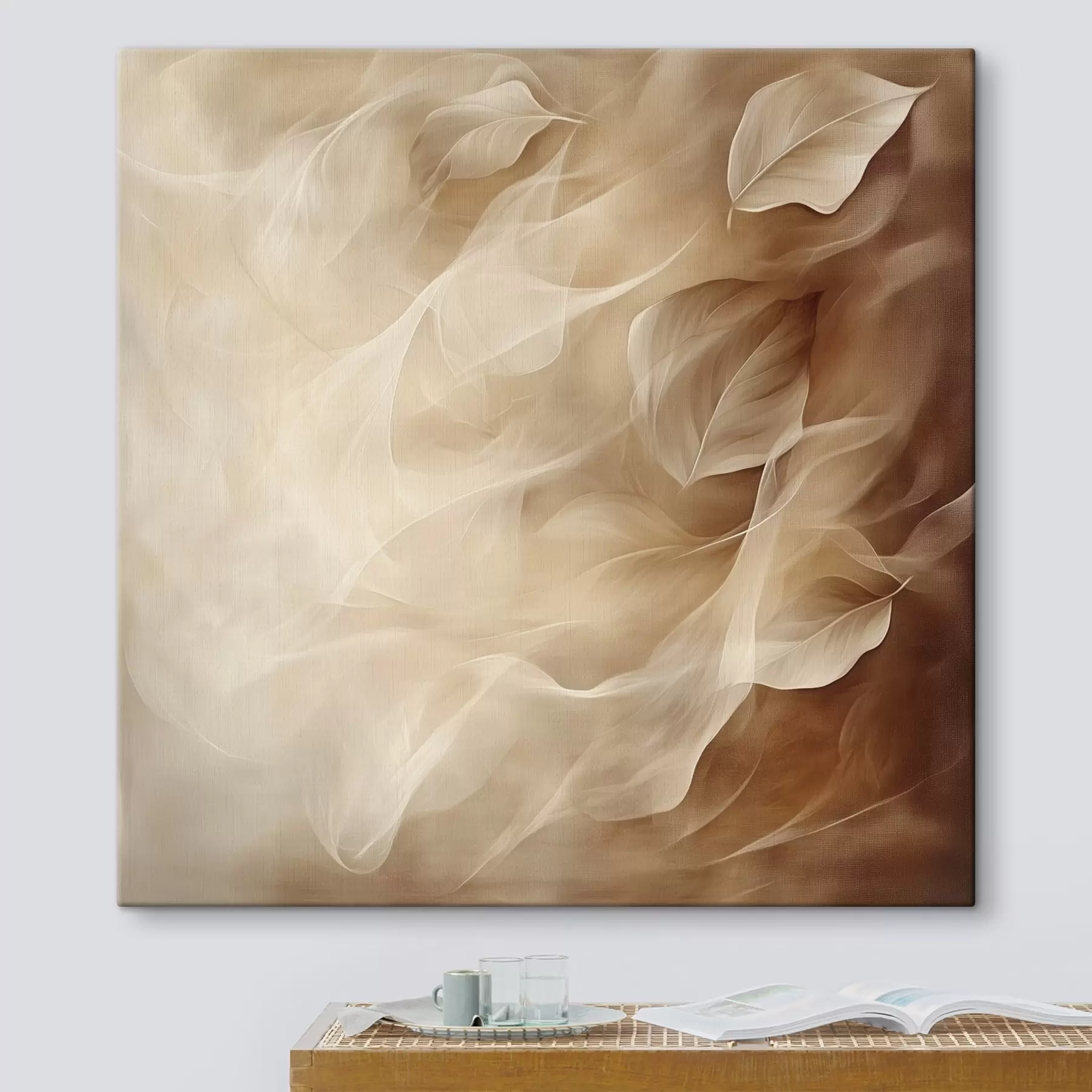 murales Hojas delicadas en una gama de tonos beige y marrón, pintadas en un estilo contemporáneo s48892