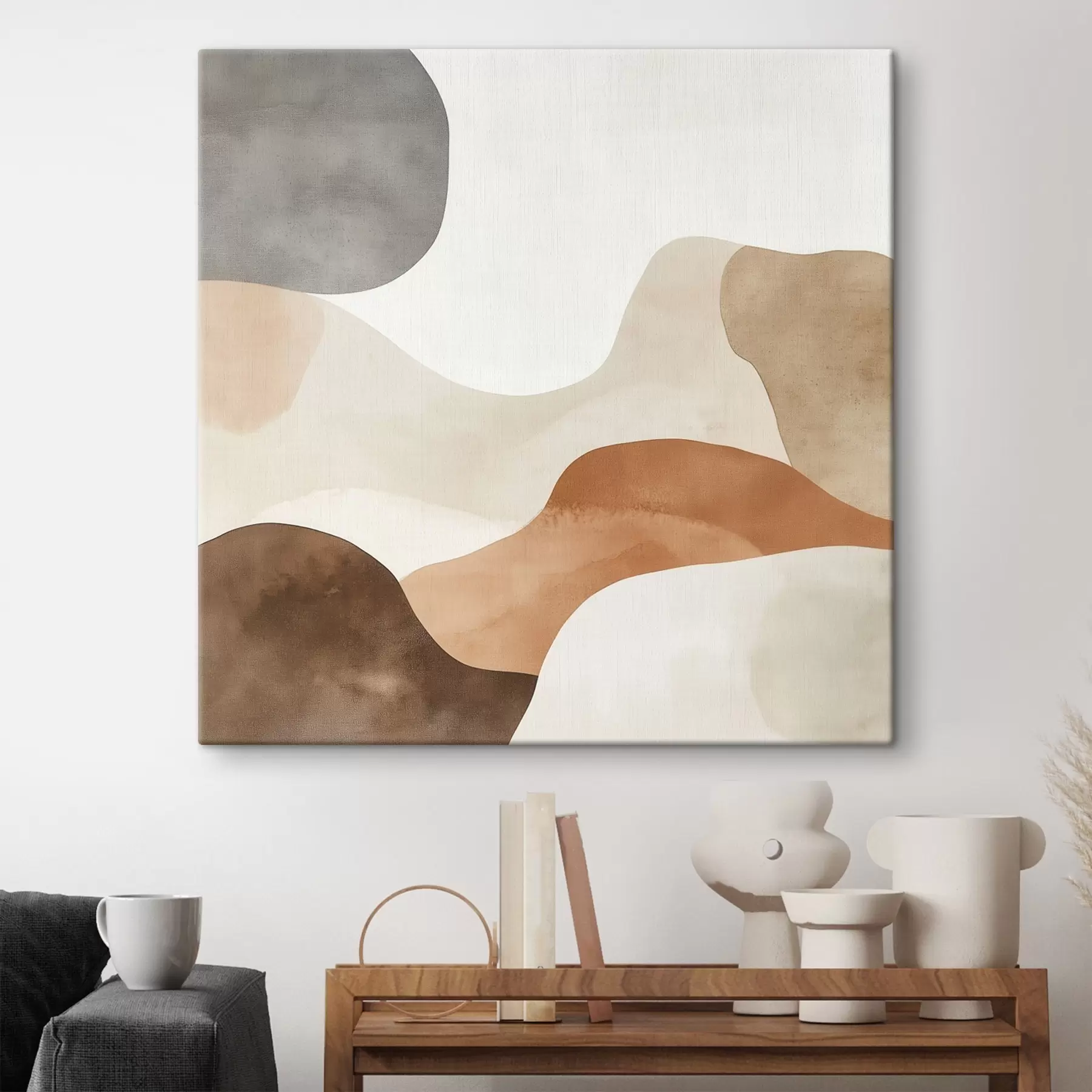 wall murals Abstract landscape with flowing lines in a warm beige-brown palette s48893
