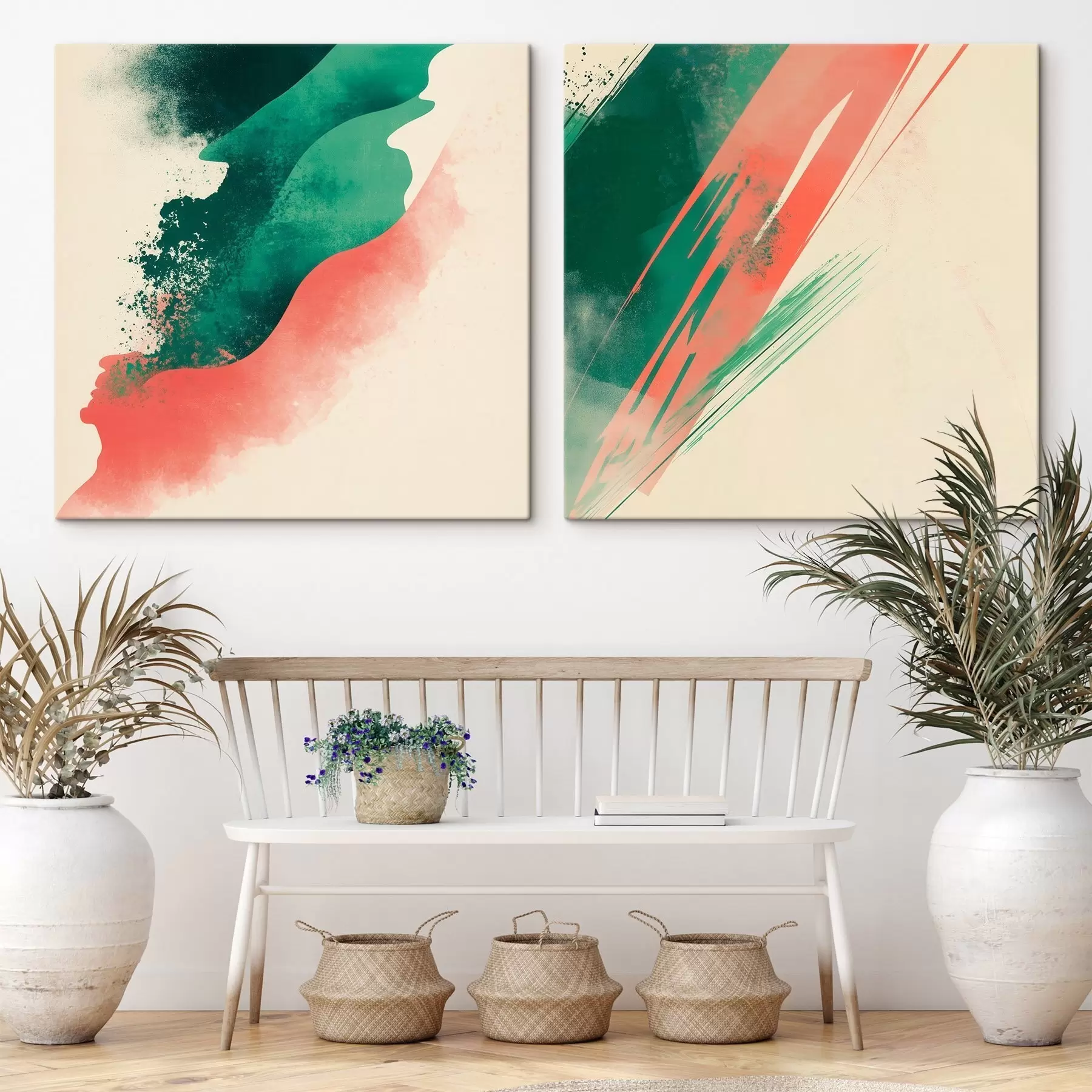 wall murals Abstract diptych with expressive coral and emerald brushstrokes on a light background m30369