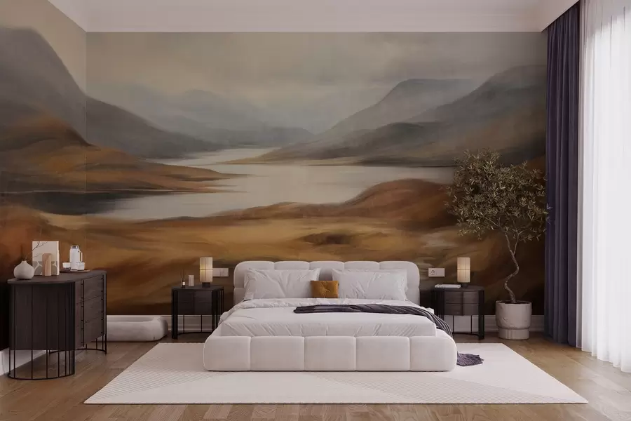peintures murales Paysage vallonné, lac entouré de collines et de montagnes sous un ciel nuageux, avec de l'herbe sèche w09756