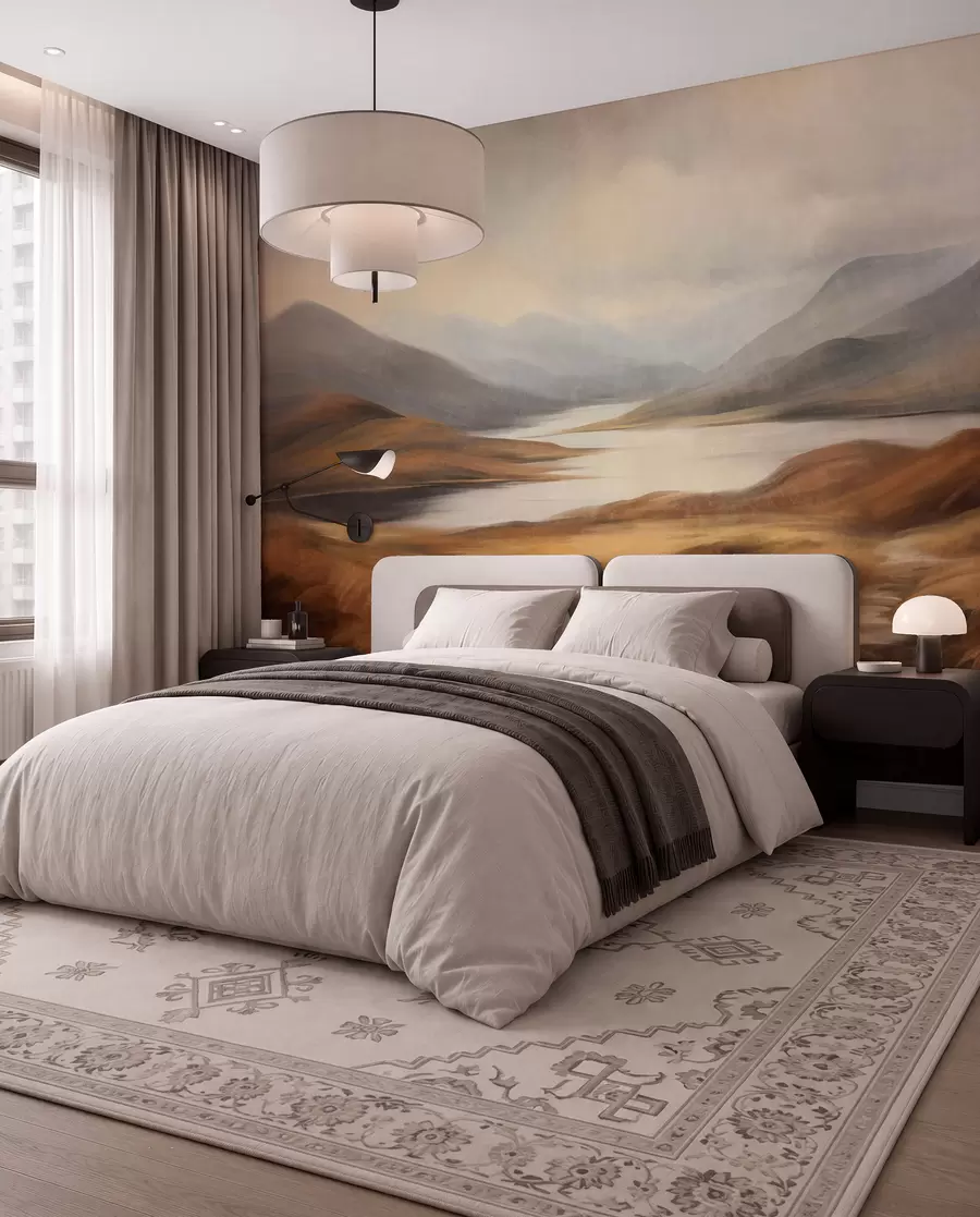 wall murals Textured landscape, lake surrounded by hills and mountains under a cloudy sky with dry grass w09756