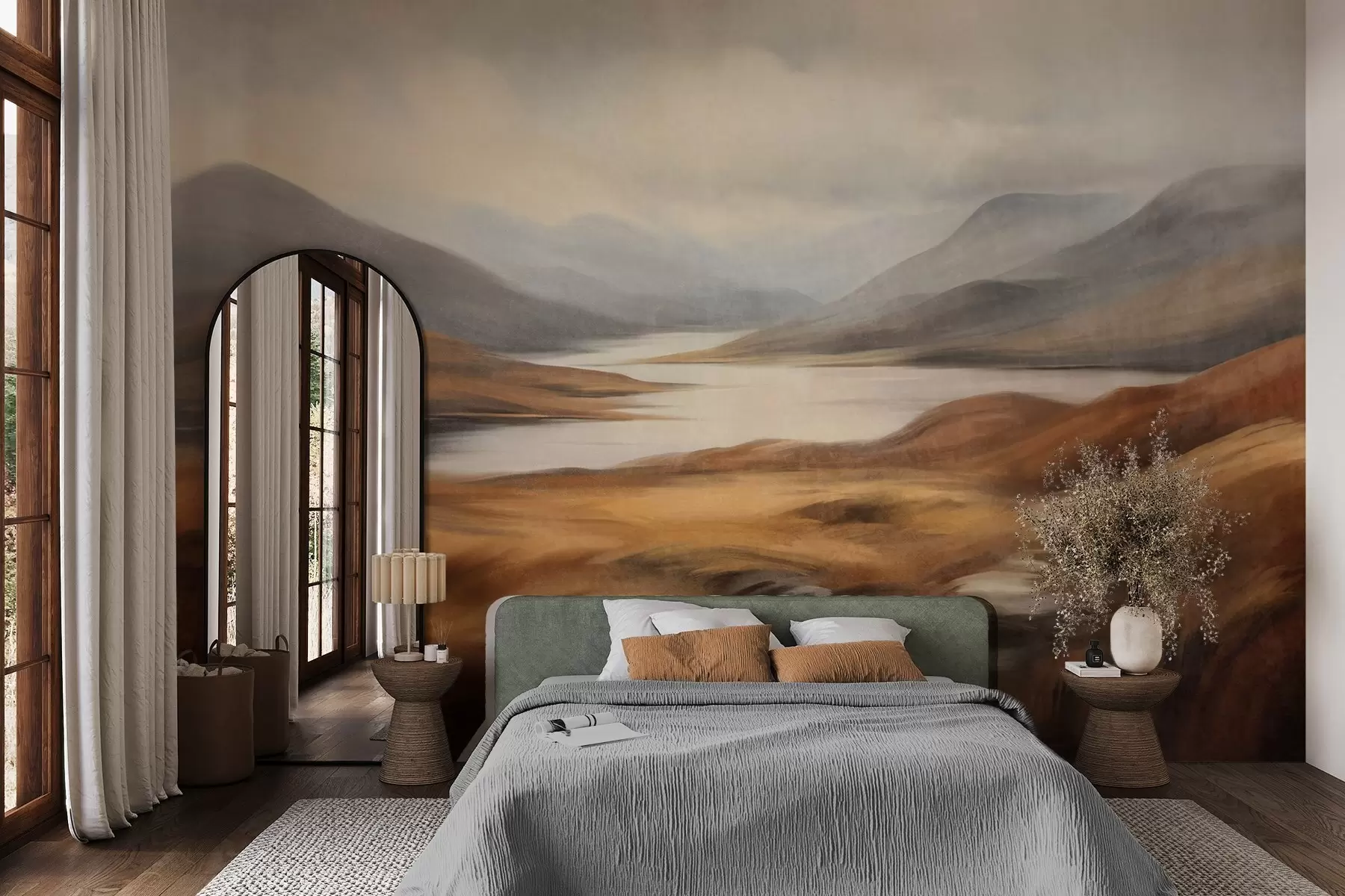 wall murals Textured landscape, lake surrounded by hills and mountains under a cloudy sky with dry grass w09756